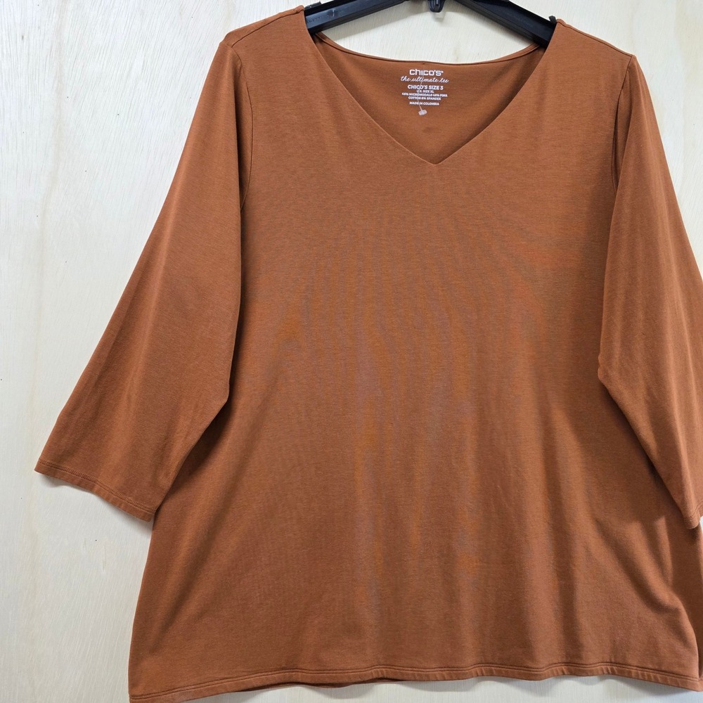 Chicos The Ultimate Tee Rust Orange V-Neck 3/4 Sleeve Pima Cotton Modal Top XL 3 - Picture 10 of 12